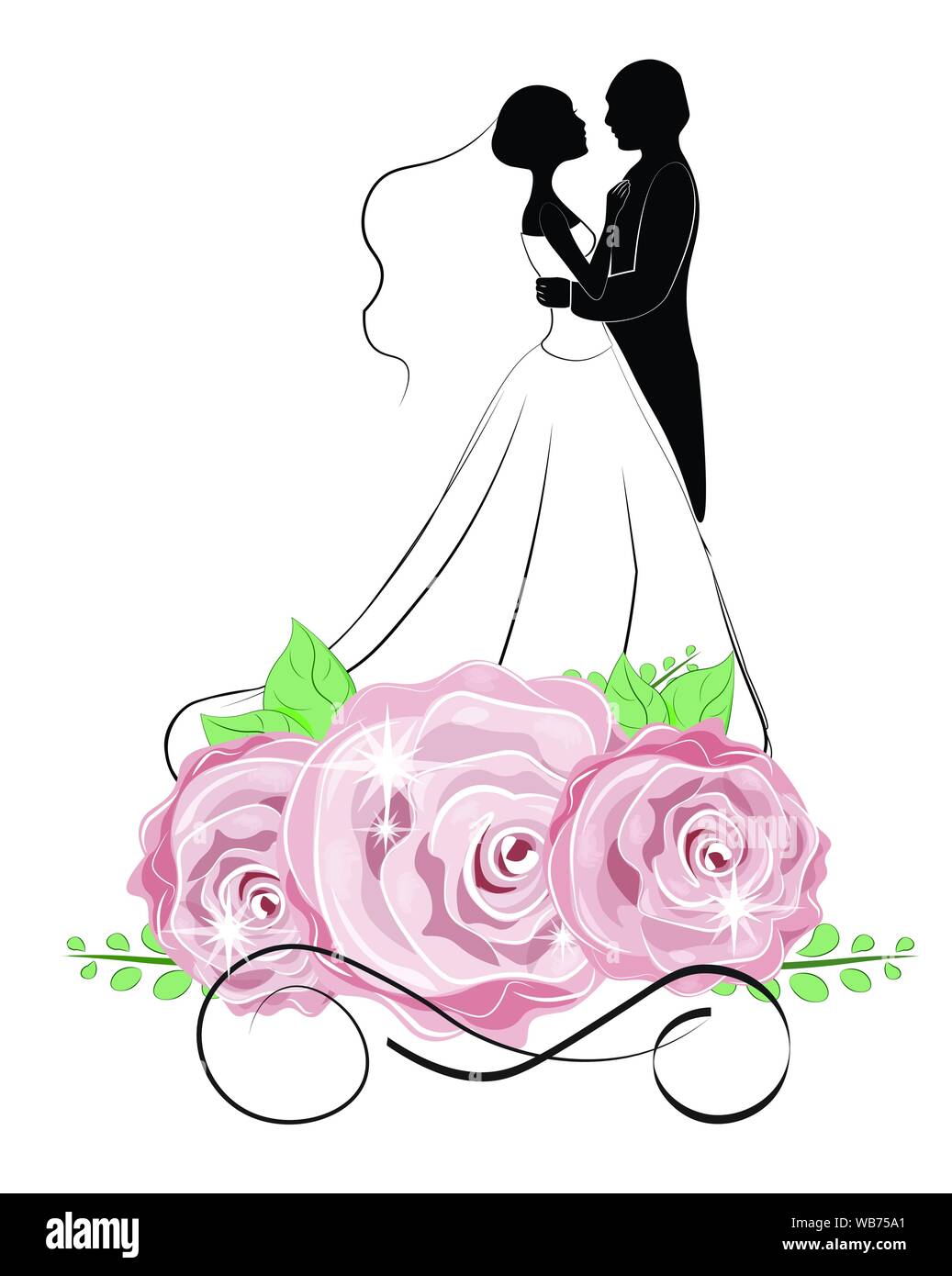 Braut und Bräutigam in Blumen, Rosen, Einladung Hochzeit Stock Vektor