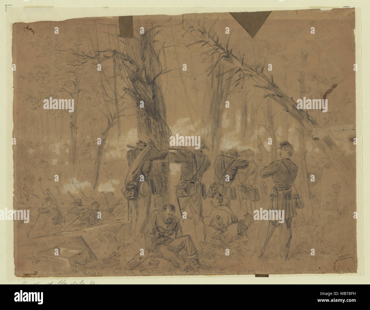 Kämpfe in den Wäldern Kearneys Division herzögliches Heer zurück, der Feind Montag, 30. Juni 1862 Abstract / Medium: 1 Zeichnung auf tan-Papier: Bleistift und Chinesische Weiße; 24,7 x 31,7 cm. (Blatt). Stockfoto