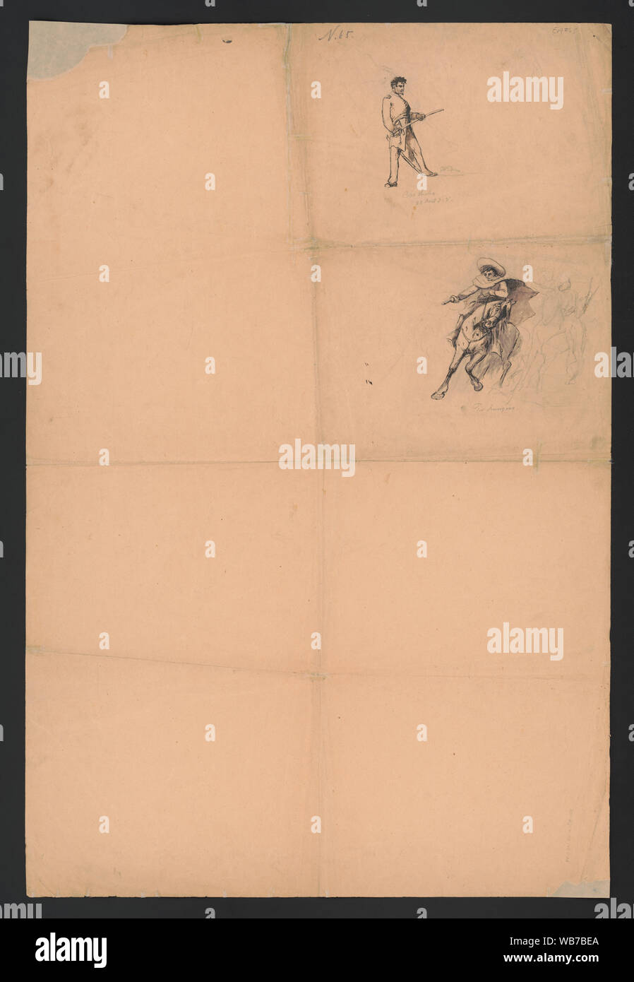 Oberleutnant Max Sachs und ein Texas Ranger auf dem Pferderücken Abstract / Medium: 2 Zeichnungen auf 1 Blatt: Tinte und Graphit; Blatt 91 x 61 cm. Stockfoto