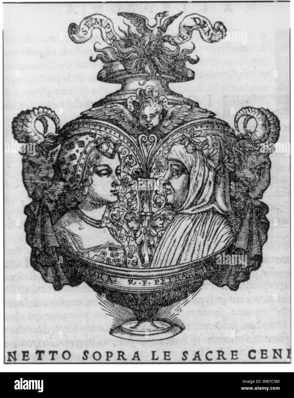 Erste fol. (Rückwärts) nach Titel Seite (Vase mit Porträts von Petrarca und Laura) Zusammenfassung/Medium drucken: 1. Stockfoto