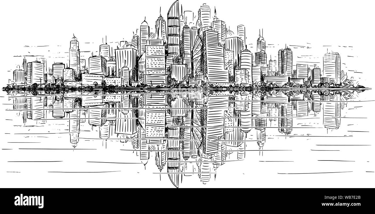 Vektor künstlerische skizzenhafte Feder und Tinte Zeichnung Abbildung: generic city Hochhaus Wolkenkratzer das Stadtbild Landschaft mit Gebäuden im Wasser widerspiegelt. Stock Vektor