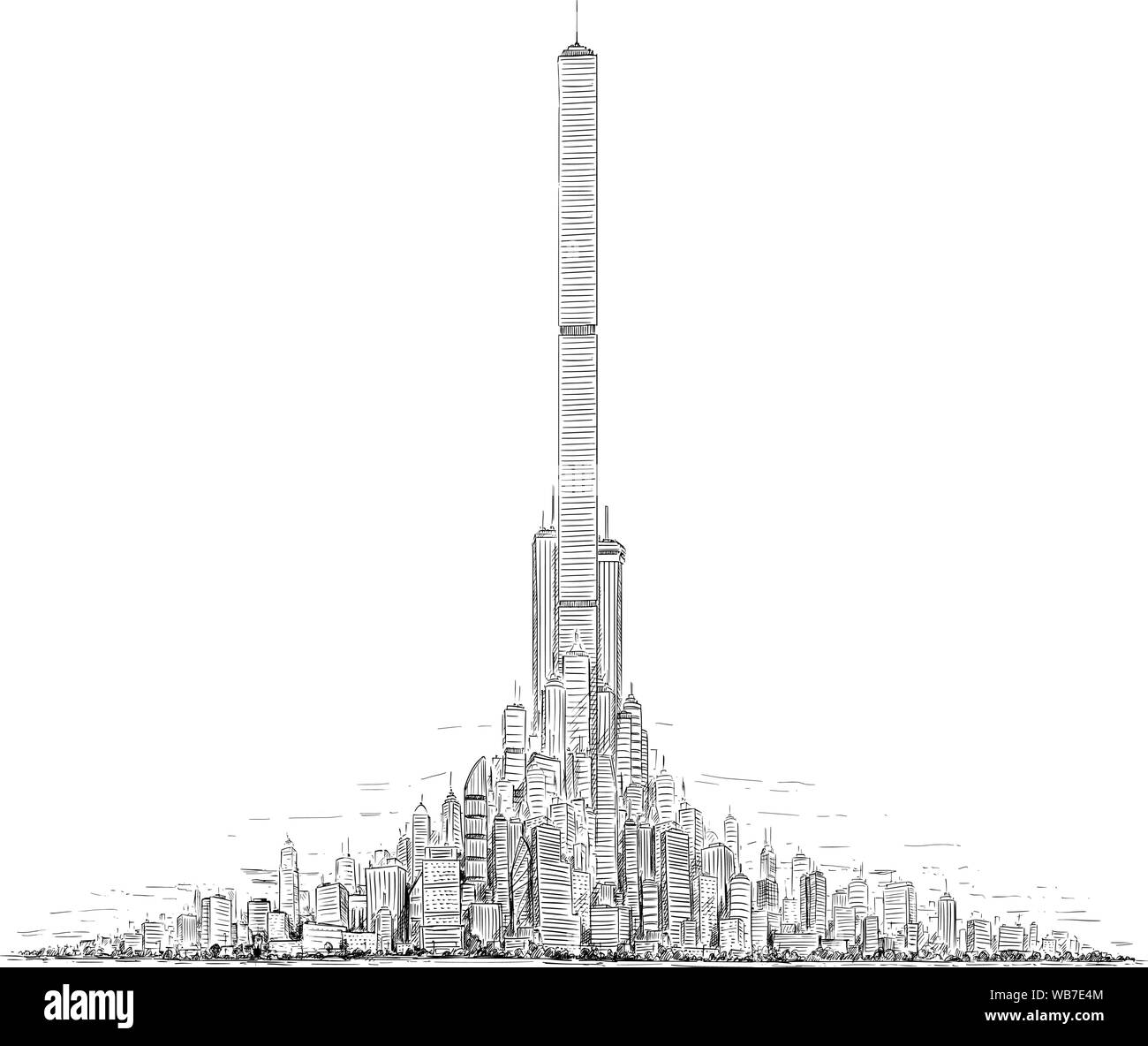 Vektor künstlerische skizzenhafte Feder und Tinte Zeichnung Abbildung: generic city Hochhaus Stadtbild Landschaft mit hohen Wolkenkratzer Gebäude im Zentrum. Stock Vektor