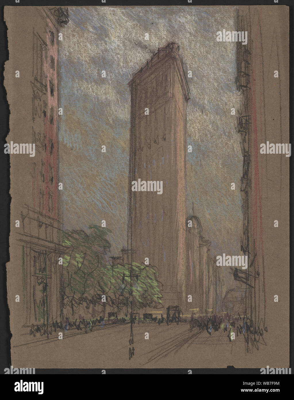 Flatiron Building von der Fifth Avenue und Twenty-Seventh Street Abstract / Medium: 1 Zeichnung auf dunklem braunem Papier: farbige Buntstifte, Bleistift; Blatt 29,3 x 23,2 cm. Stockfoto