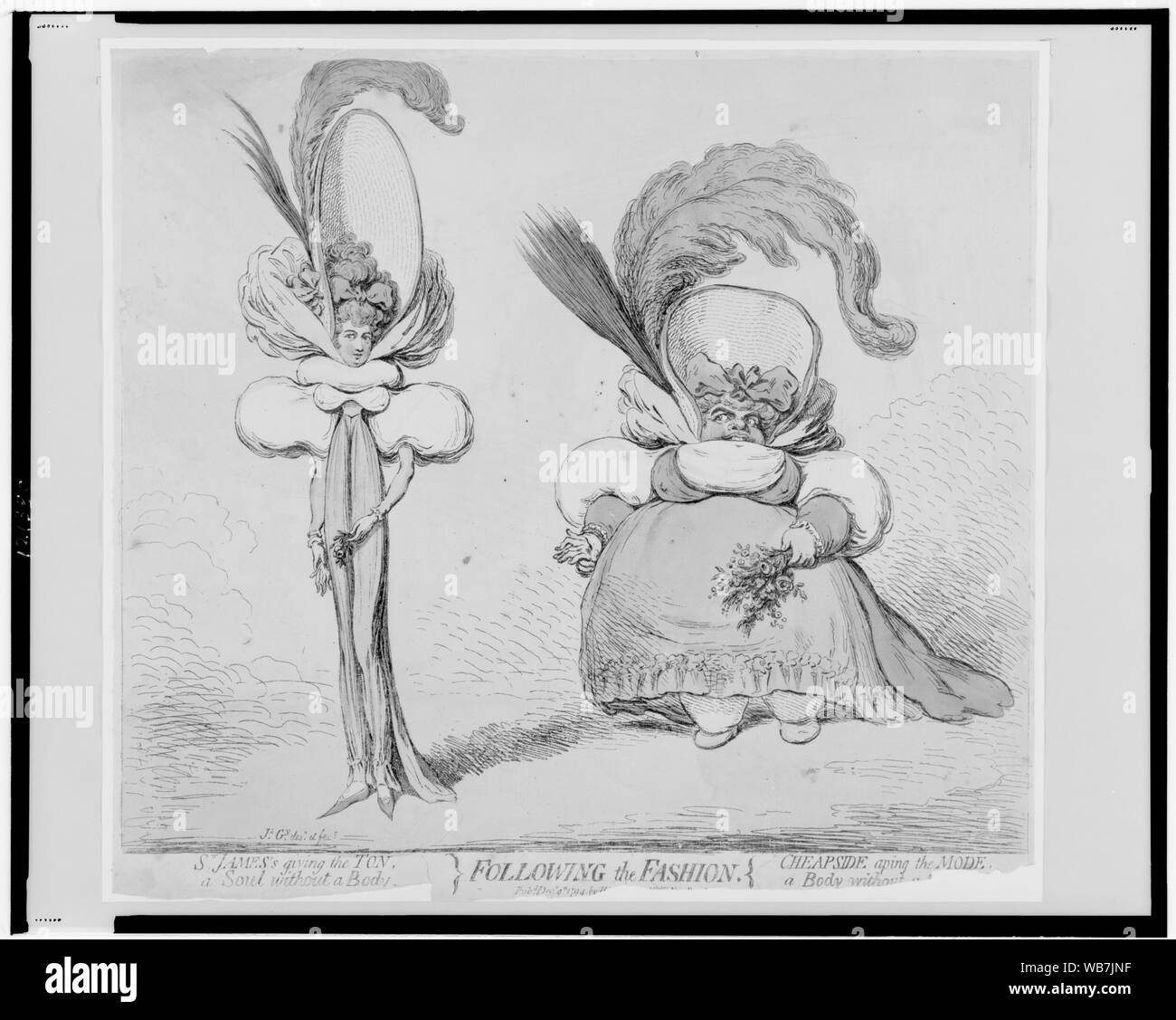 Nach der Mode Abstract: Zwei Frauen, eine große und hübsch und schlank, die anderen Kurze und Fett, Verschleiß burlesqued Versionen der neuen Moden. Unter jedem ist eine ergänzende Titel: (links) St. James's, die Tonne, eine Seele ohne Körper; (rechts) Cheapside Nachäffen der Modus, ein Körper ohne Seele. Stockfoto