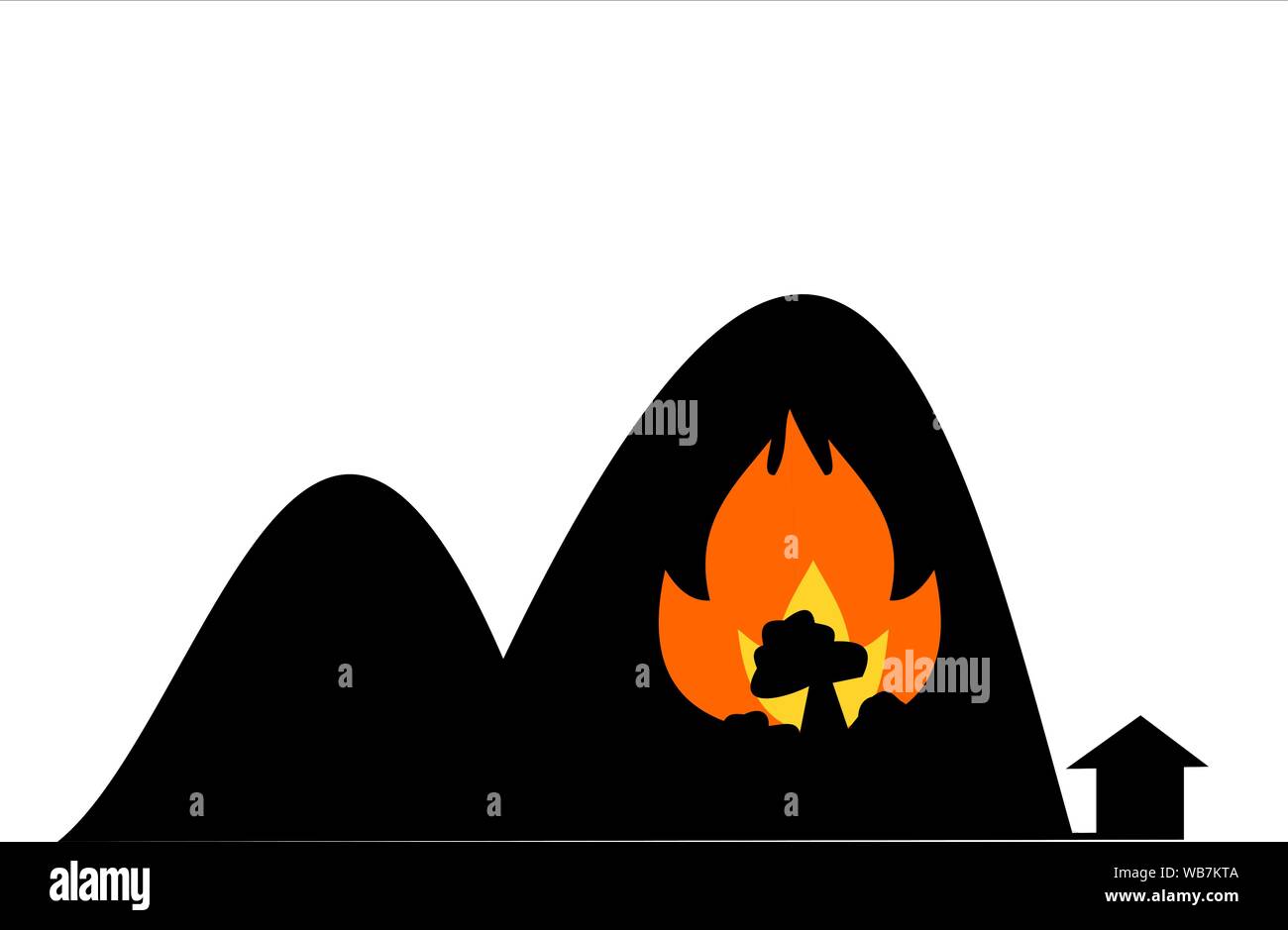 Wildfire auf dem Berg mit einem Haus auf weißem Hintergrund, Orange Farbe Feuer Flamme brennen Silhouette der Baum auf Hügel, Warnzeichen für Naturkatastrophen Stock Vektor