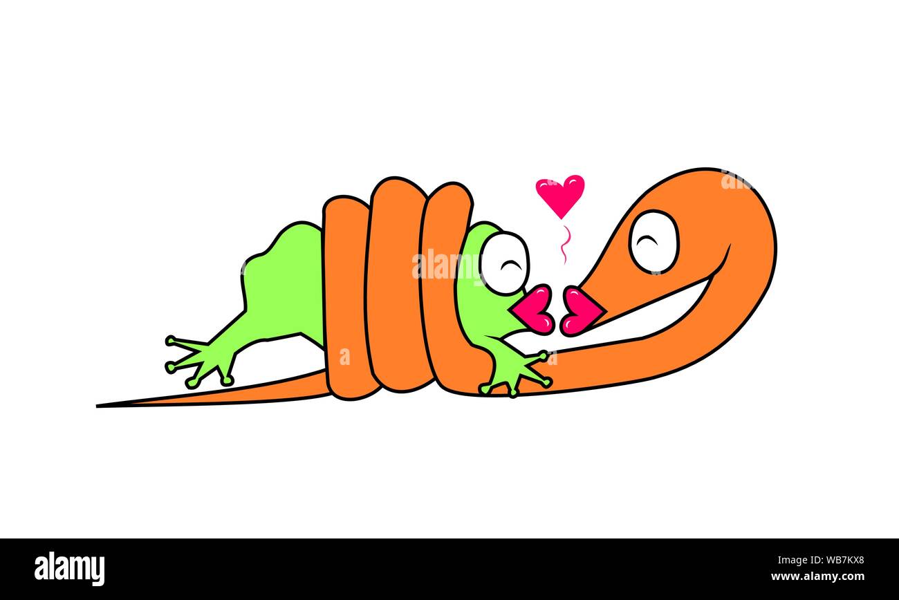 Farbe orange Schlange wickelt sich um einen grünen Frosch es auf weißem Hintergrund zu küssen, die Illusion der Wirklichkeit ist hart und grausam in der Natur Stock Vektor
