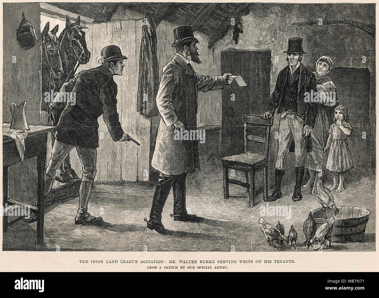 IRISH NATIONAL LAND LEAGUE ein Grundbesitzer eine Zwangsräumung Bekanntmachung über ein Mieter wird vorgeworfen, den INLL ungefähr 1880 dient. Beachten Sie den Revolver. Stockfoto