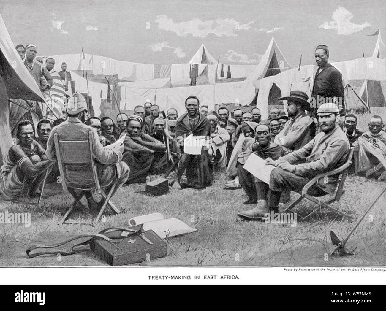 IMPERIAL BRITISH EAST AFRICA COMPANY mit dem Titel "Vertrag in Ostafrika" durch das Unternehmen mit stammesangehörigen der Besuch einer Britischen Camp ausgestellt Stockfoto
