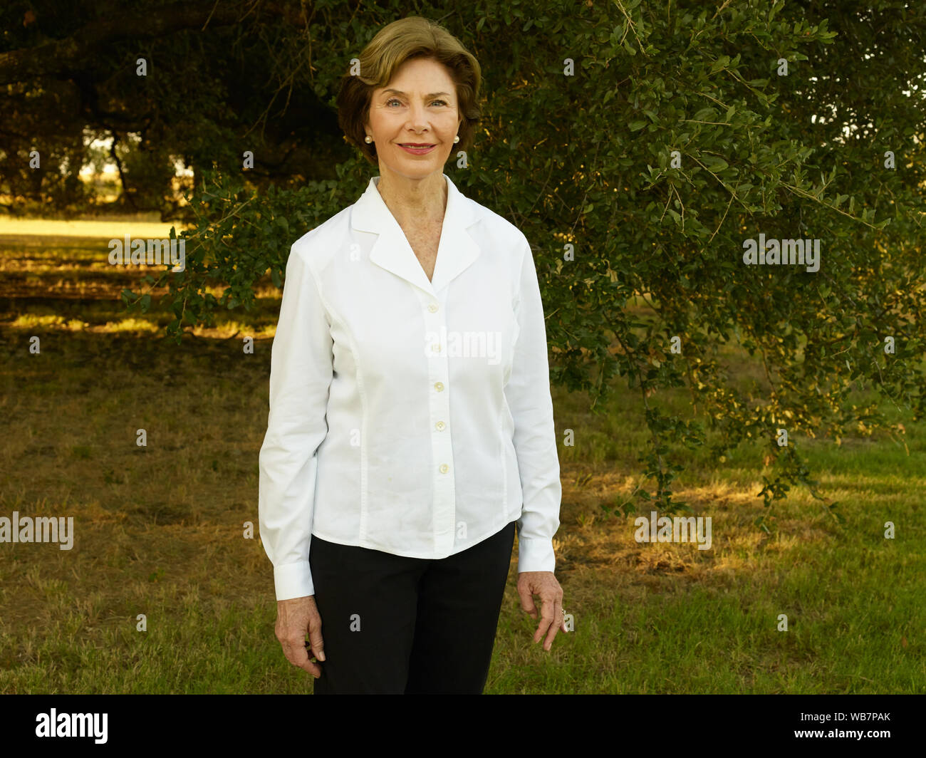 Ehemalige First Lady der USA, Laura Bush, an ihr und ehemaliger Präsident George W. Bush's 1.600-acre Ranch, Website der Texas White House während ihrer Besuche dort während Bushs Präsidentschaft, in der Nähe von Crawford in McLennon County, Texas Stockfoto