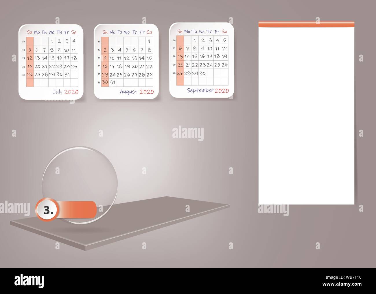 Kalender für das dritte Quartal 2020 Jahr auf 3d-Tabelle mit leeren Etikett für Notizen und Aufgaben. Alle auf der grauen hellen Hintergrund. Stock Vektor