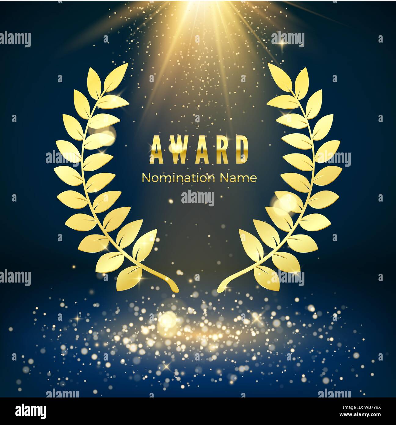 Golden glänzenden Award anmelden. Lorbeerkranz auf dunklen Luxus Hintergrund mit goldenen glitter Konfetti. Vector Illustration Stock Vektor