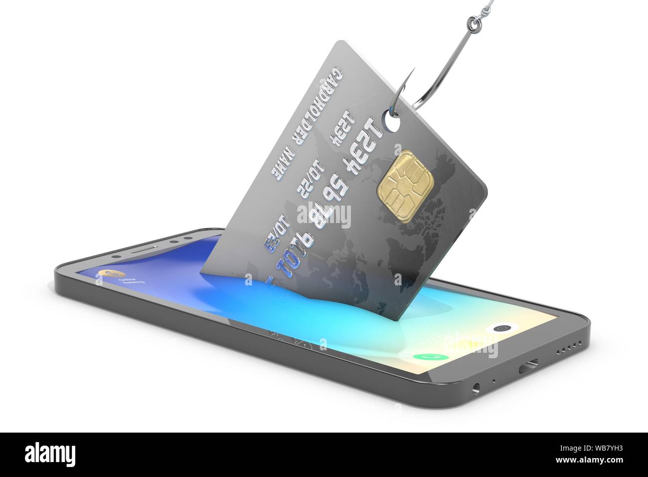 '3d Illustration: Diebstahl von Kreditkarten von einem Mobiltelefon über einen Haken. Metapher. Die Sicherheit der persönlichen Informationen, Datenschutz. Sicherheit Stockfoto