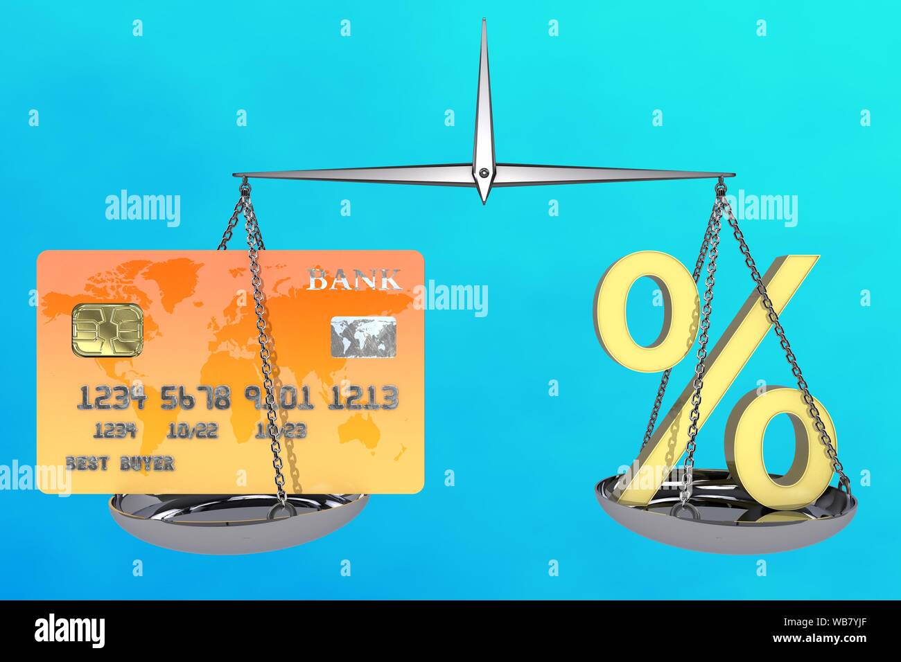 3D-Illustration: vintage Waage im Gleichgewicht mit einer Bank Karte auf der einen Seite und einem gelben Prozentzeichen auf der anderen. Business Metapher. Bankensektor Stockfoto