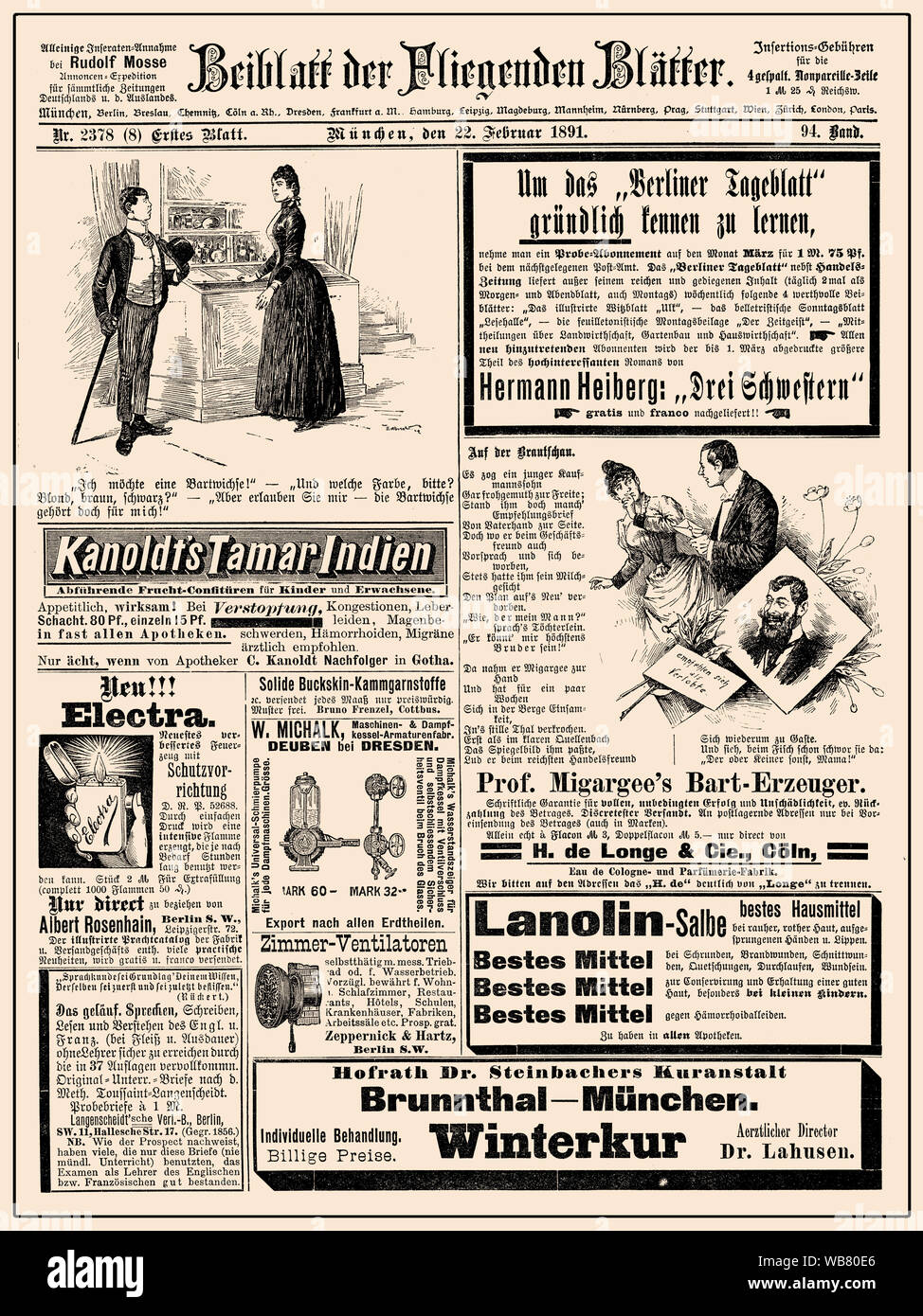 Kommerzielle Magazin Werbung Seite in deutscher Sprache mit vielen promotion Banner, Vignetten und Karikaturen; vom 1891 Stockfoto