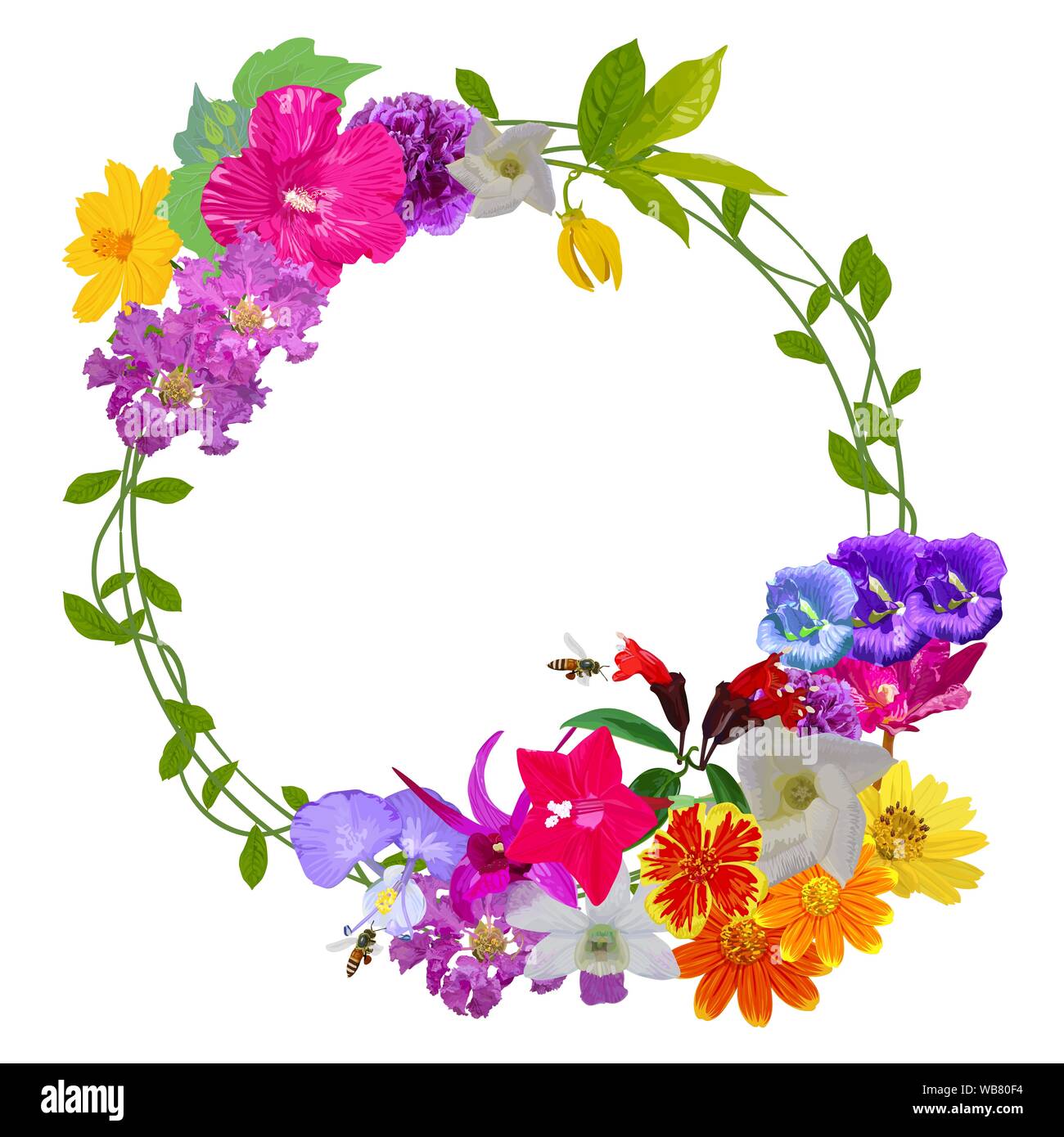 Girlande bunte realistische Blume mit Flying bee auf weißem Hintergrund mit leeren Raum isoliert, Vektor illustratiom. Stock Vektor