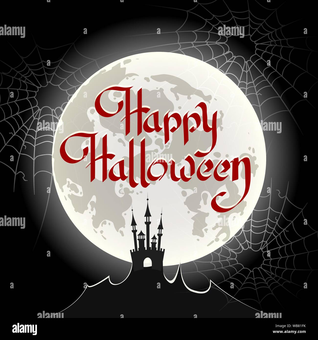 Hand Happy Halloween gezeichnet Schriftzug mit Mond und Spinnennetz Hintergrund. Vector Illustration Stock Vektor