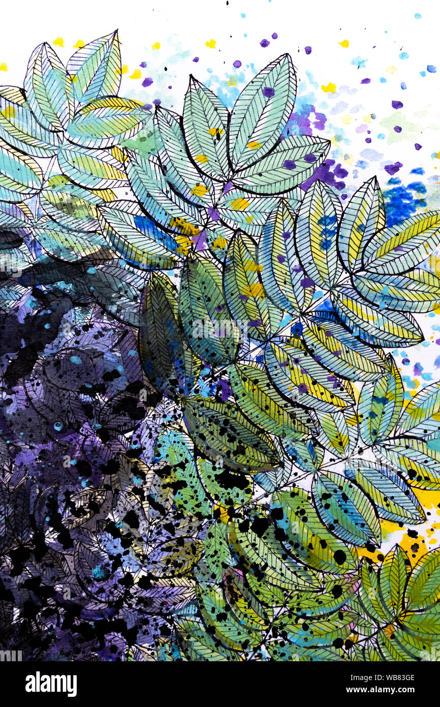 Aquarell und Chinesische Tinte schwarz lackieren von lässt sich von einem Ast mit splatter Textur Stockfoto