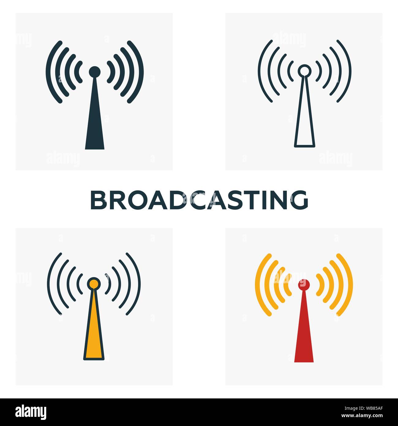 Broadcasting Symbol gesetzt. Vier Elemente in verschiedenen Stilen aus der Werbung icons Collection. Kreative Rundfunk Icons, Outline, farbige und Stock Vektor