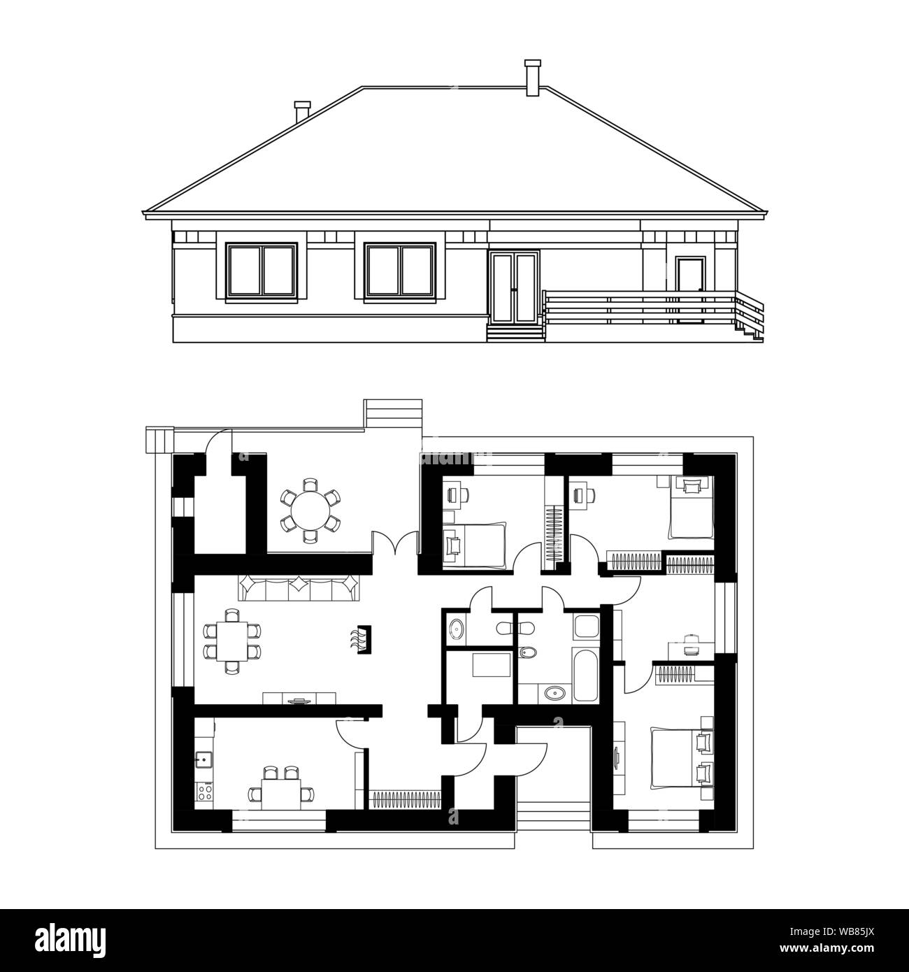 Architektonische Fassade und Planen eines Hauses. Vektor realistische Abbildung. Auf weissem Hintergrund. Stock Vektor