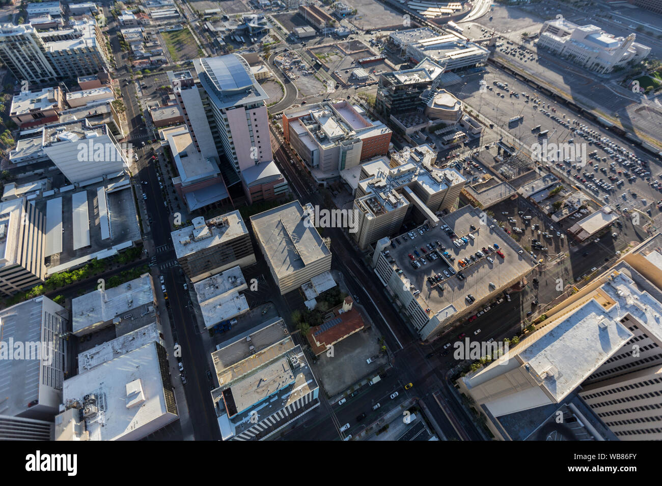 Luftaufnahme von Clark County Regierungsgebäude und South Casino Center Blvd in Downtown Las Vegas, Nevada, USA. Stockfoto