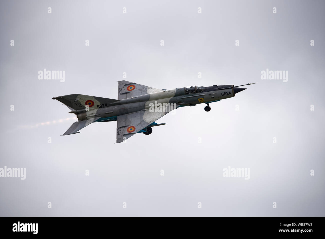 Mikoyan-Gurevich MiG-21 der Rumänischen Luftwaffe zeigt an der britischen Royal International Air Tattoo Stockfoto