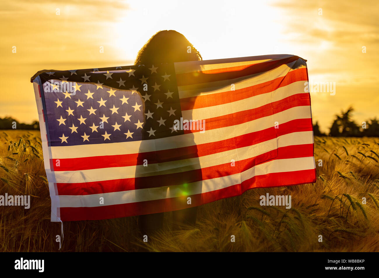 Mixed Race African American Girl Teenager weibliche junge Frau in einem Feld von Weizen oder Gerste in den USA Sternenbanner Flagge bei Sonnenuntergang gewickelt Stockfoto