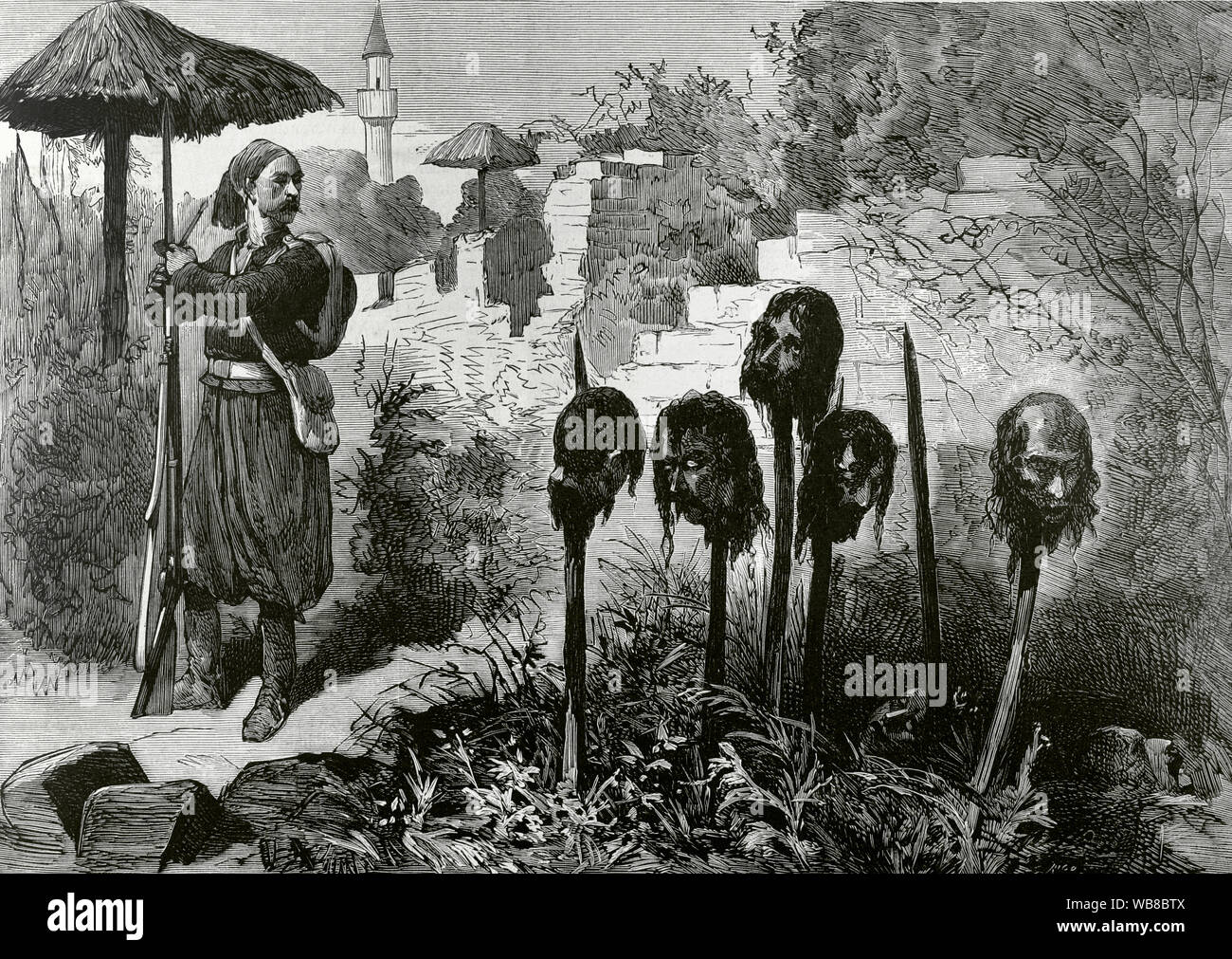Der orientalischen Frage. April Aufstand von 1876. Aufstand der Bulgaren im Osmanischen Reich von April bis Mai 1876 organisiert. 100 Bulgaren und Serben, landete in der Nähe von Widdin, in der zweiten Hälfte des Mai 1876, wurden von den Tscherkessen Korps überrascht. Sie schlug sie mit der Schärfe des Schwertes und verstümmelt. Diese Männer waren Bauern, die eine Band von Aufständischen gebildet, unter dem Kommando von Chief Botioff, die in der Nähe von Costodi landete, fliegen die Bulgarische Grüne Flagge. Ihre Köpfe waren in der ersten Einheit der türkischen Festung von Widdin ausgesetzt. Gravur. La Ilustracion Española y American Stockfoto