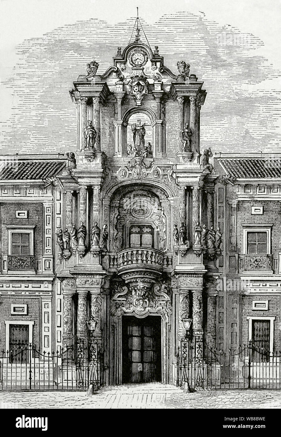Spanien, Andalusien, Sevilla. Der Palast von San Telmo. Es wurde 1682 im barocken Stil gebaut. Churrigueresque Portal auf der Hauptfassade. Gravur. La Ilustracion Española y Americana, 30. Juli 1876. Stockfoto