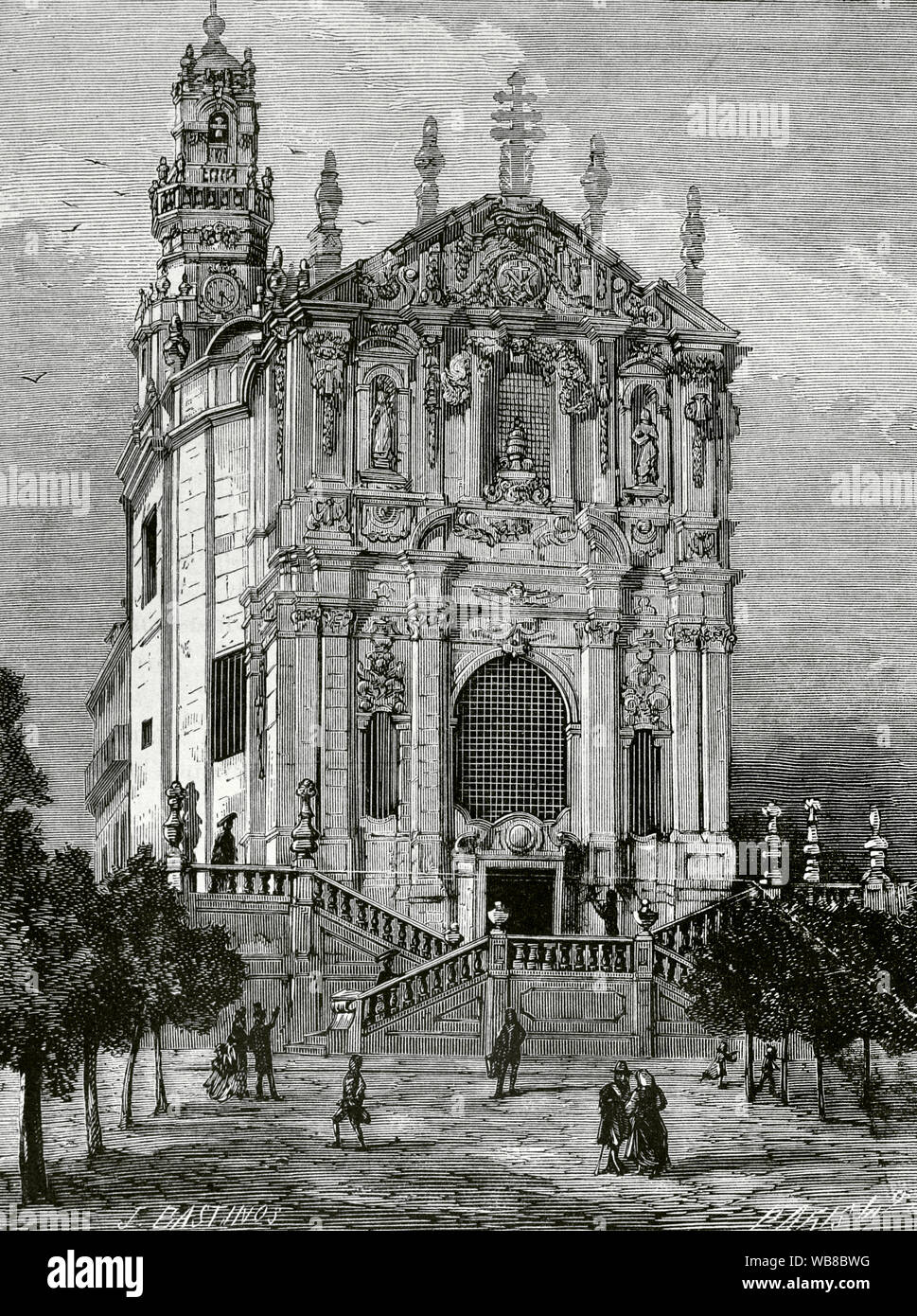 Portugal, Porto. Clerigos Kirche. Sein Bau begann im Jahre 1732 und wurde 1750 abgeschlossen. Es war für die Bruderschaft der Clerigos (Klerus) im barocken Stil erbaut vom italienischen Architekten Nicolau Nasoni (1691-1773). Der Glockenturm, die sogenannten Torre dos Clerigos, war das höchste Gebäude in Portugal, als es im Jahre 1763 vom selben Architekten abgeschlossen wurde, Nicolau Nasoni. Zeichnung von J. Bastinos. Kupferstich von Marcelo Paris. La Ilustracion Española y Americana, 30. Juli 1876. Stockfoto