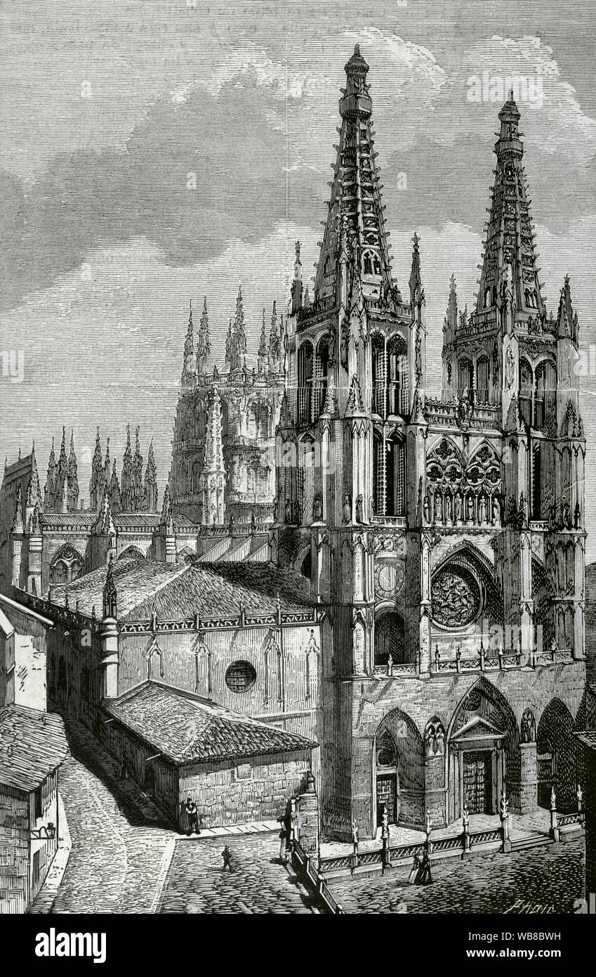 Spanien, Kathedrale von Burgos. Der Bau Unserer Lieben Frau von Burgos begann 1221 und wurde 1567 abgeschlossen. Beispiel für die Entwicklung der gotischen Stil. Allgemeine Ansicht der Hauptfassade, genannt "Puerta del Perdon (Tür der Vergebung). Kupferstich von Marcelo Paris. La Ilustracion Española y Americana, 30. Juli 1876. Stockfoto
