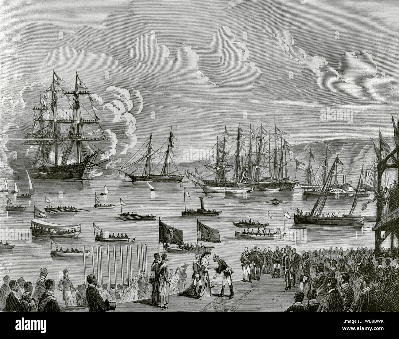 Isabella II (1830-1904). Königin von Spanien (1833-1868). Sie war die älteste Tochter von Ferdinand VII. von seiner vierten Frau, Maria Cristina. Verkündete Königin auf den Tod des Vaters im Jahre 1833. Während ihrer Minderheit (1833-1843), ihre Mutter und general Espartero fungierte als Regenten. Isabella ließ sich in Paris, wo sie 1870 zugunsten Ihrer ältester überlebender Sohn abgetreten, der zukünftige König Alfonso XII (1874-1885), nach der Revolution von 1868. Reise der Königin Mutter, Isabella II., und Santander (Spanien) am 30. Juli 1876. Ausschiffung der Königin am Pier. Der König Alfonso XII und die Prinzessin von Asturien Stockfoto