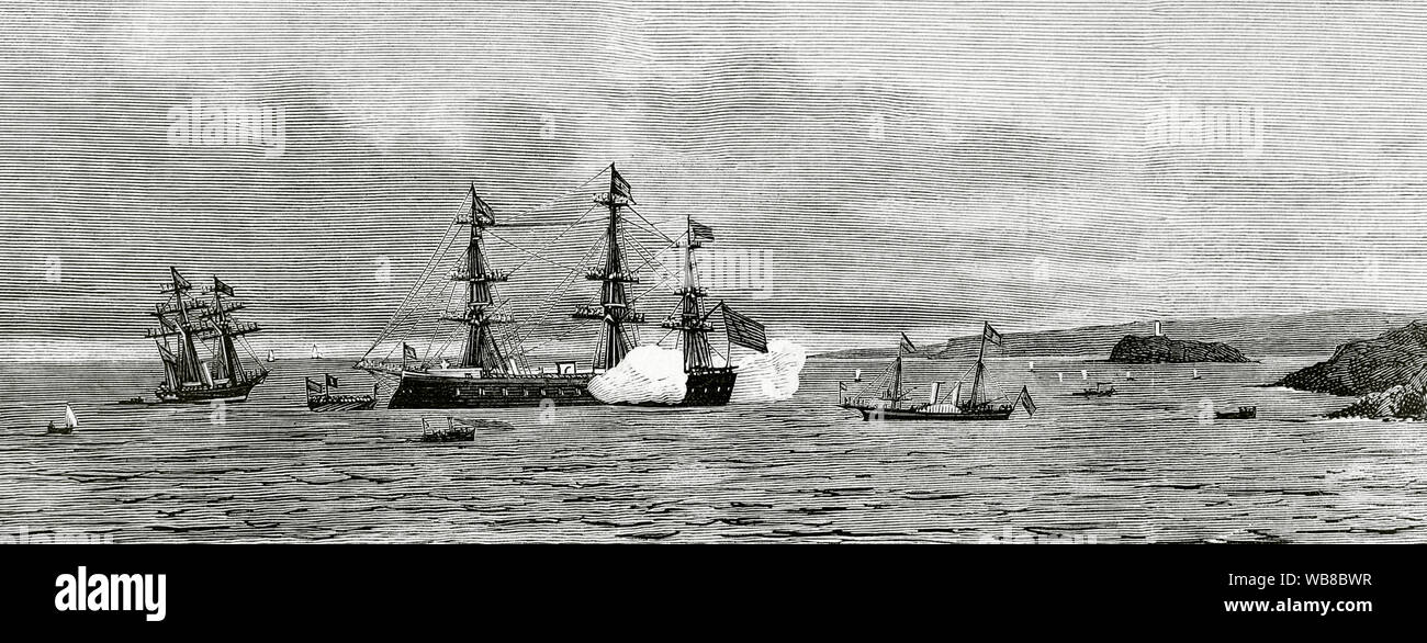 Isabella II (1830-1904). Königin von Spanien (1833-1868). Sie war die älteste Tochter von Ferdinand VII. von seiner vierten Frau, Maria Cristina. Verkündete Königin auf den Tod des Vaters im Jahre 1833. Während ihrer Minderheit (1833-1843), ihre Mutter und general Espartero fungierte als Regenten. Isabella ließ sich in Paris, wo sie 1870 zugunsten Ihrer ältester überlebender Sohn abgetreten, der zukünftige König Alfonso XII (1874-1885), nach der Revolution von 1868. Reise der Königin Mutter, Isabella II., und Santander (Spanien) am 30. Juli 1876. König Alfonso XII (1857-1885) an Bord der Royal Barge, die Überprüfung der Kantabrischen Squadron anc Stockfoto