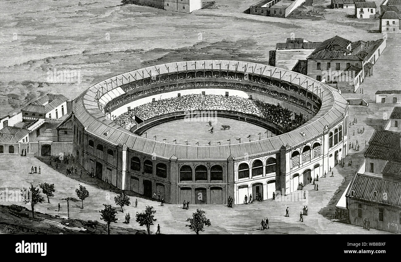 Spanien, Andalusien, Malaga. '' La Malagueta Stierkampfarena. Es wurde von Joaquín Rucoba entworfen, in der Neo-mudejar Stil, erbaut im Jahre 1874. Die stierkampfarena war für die Öffentlichkeit offiziell am 11. Juni 1876 eröffnet, mit einem Kampf der Stierkämpfer Rafael Molina Lagartijo'', Antonio Carmona y Luque 'el Gordito' und Manuel Rodriguez "esperdicios' ausgestattet. Zeichnung von Manuel Nao. Kupferstich von Bernardo Rico. La Ilustracion Española y Americana, 8. August 1876. Stockfoto