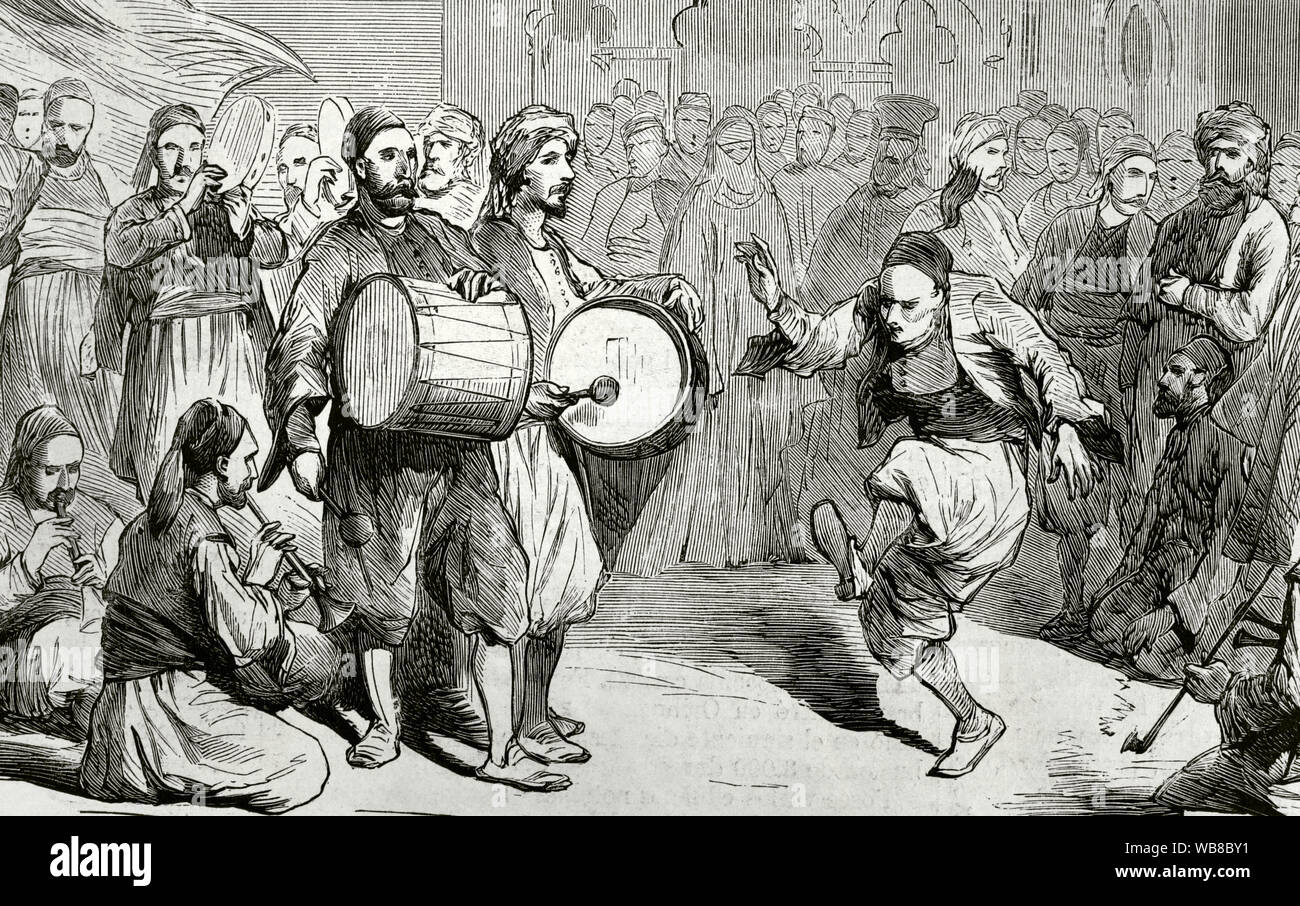 Der orientalischen Frage. Serbian-Turkish Kriege (1876-1878). Serbien erklärt dem osmanischen Reich den Krieg am 30. Juni 1876. Thessaloniki. Anwerbung türkischer Freiwillige. Gravur. La Ilustracion Española y Americana, 15. August 1876. Stockfoto