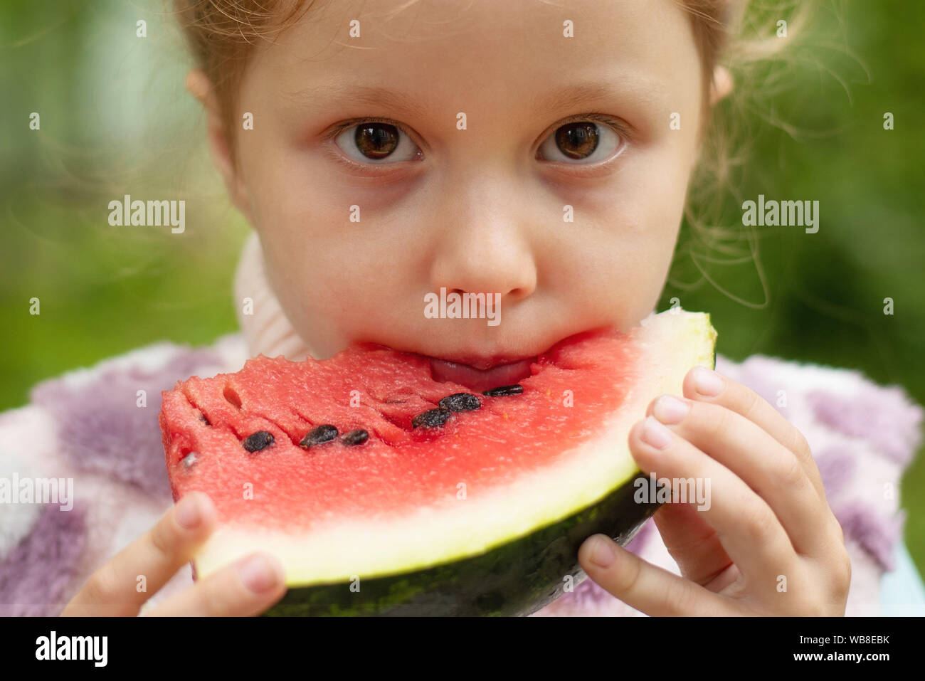 niedliche kleine Mädchen essen Wassermelone auf dem Rasen im Sommer Stockfoto