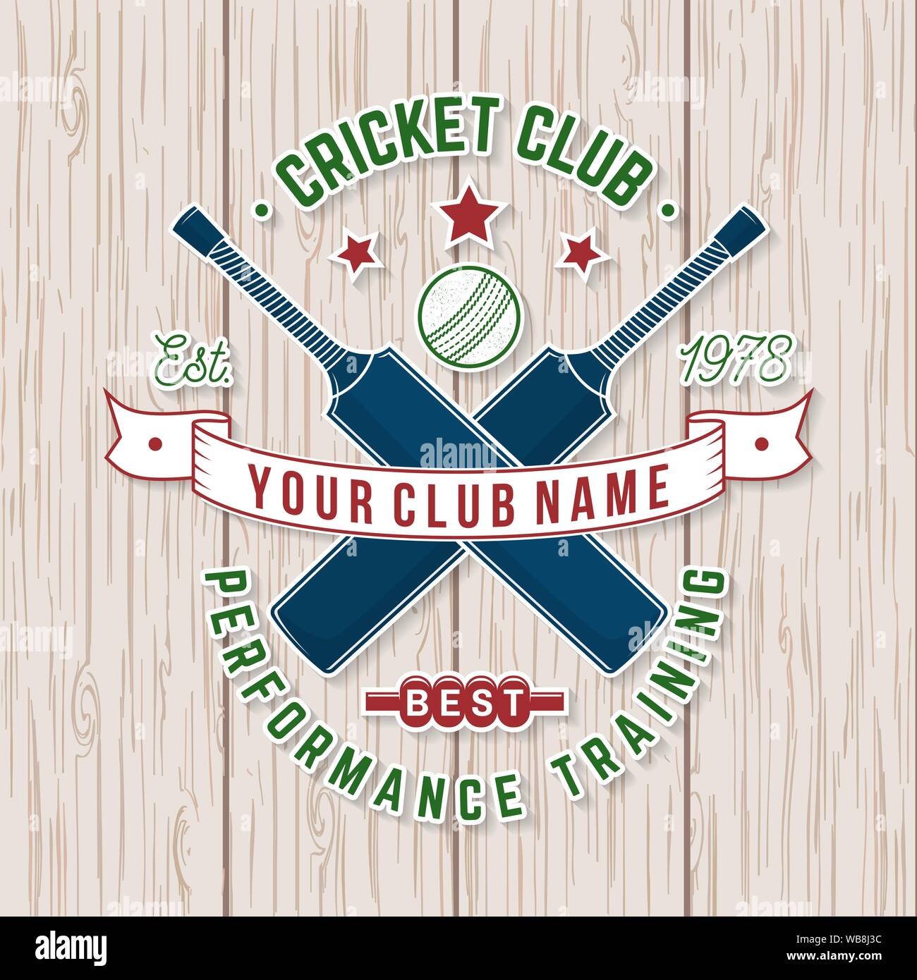 Cricket Club Abzeichen. Vector Illustration. Konzept für T-Shirt, Druck, Stempel oder T-Stück. Vintage Typografie Design mit Cricket Schläger und Ball Silhouette. Vorlagen für Sports Club. Stock Vektor