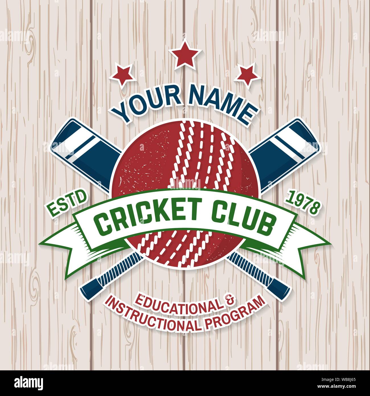 Cricket Club Abzeichen. Vector Illustration. Konzept für T-Shirt, Druck, Stempel oder T-Stück. Vintage Typografie Design mit Cricket Schläger und Ball Silhouette. Vorlagen für Sports Club. Stock Vektor