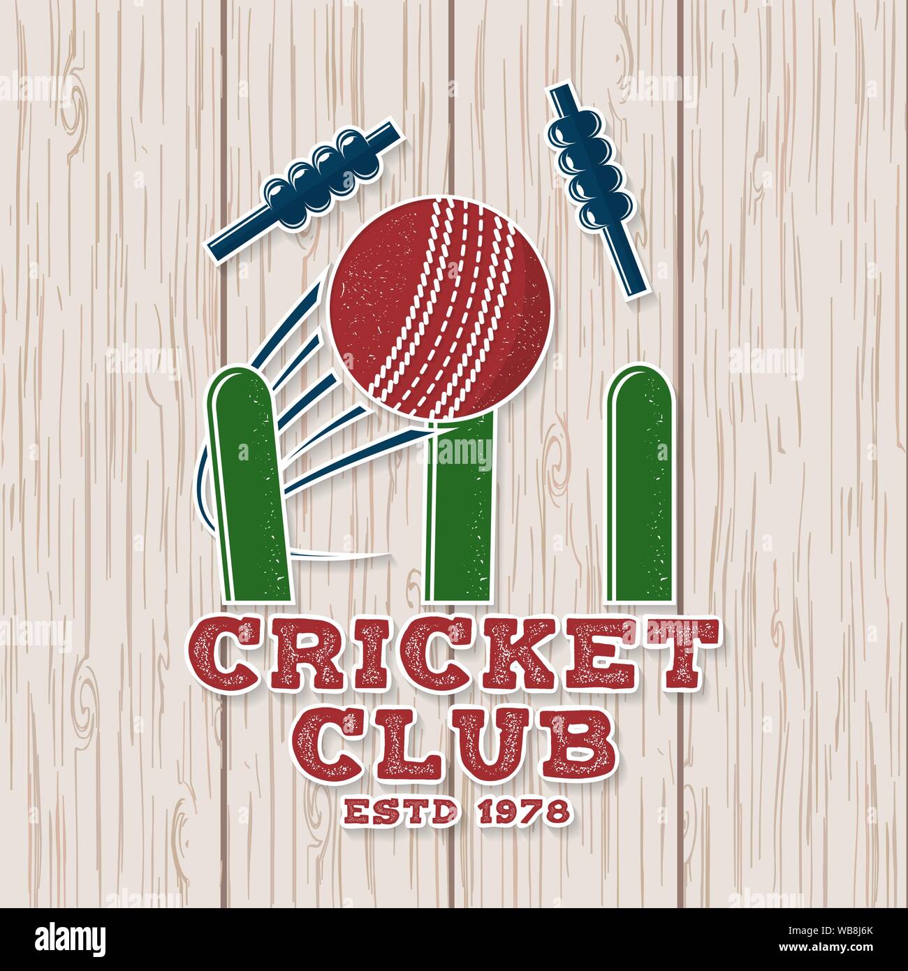 Cricket Club Patch oder Aufkleber. Vector Illustration. Konzept für T-Shirt, Druck, Stempel oder T-Stück. Vintage Typografie Design mit Wicket, Kaution und Cricket ball Silhouette. Vorlagen für Sports Club. Stock Vektor