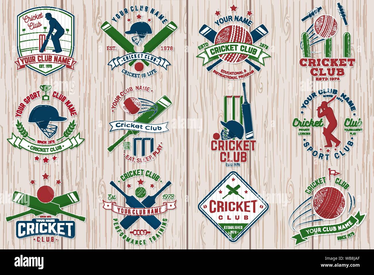 Cricket Club Patch oder Aufkleber. Vektor. Konzept für T-Shirt, Druck, Stempel oder T-Stück. Vintage Typografie Design mit bat, Wicket, Kaution, Helm und Cricket ball Silhouette. Vorlagen für Sports Club. Stock Vektor