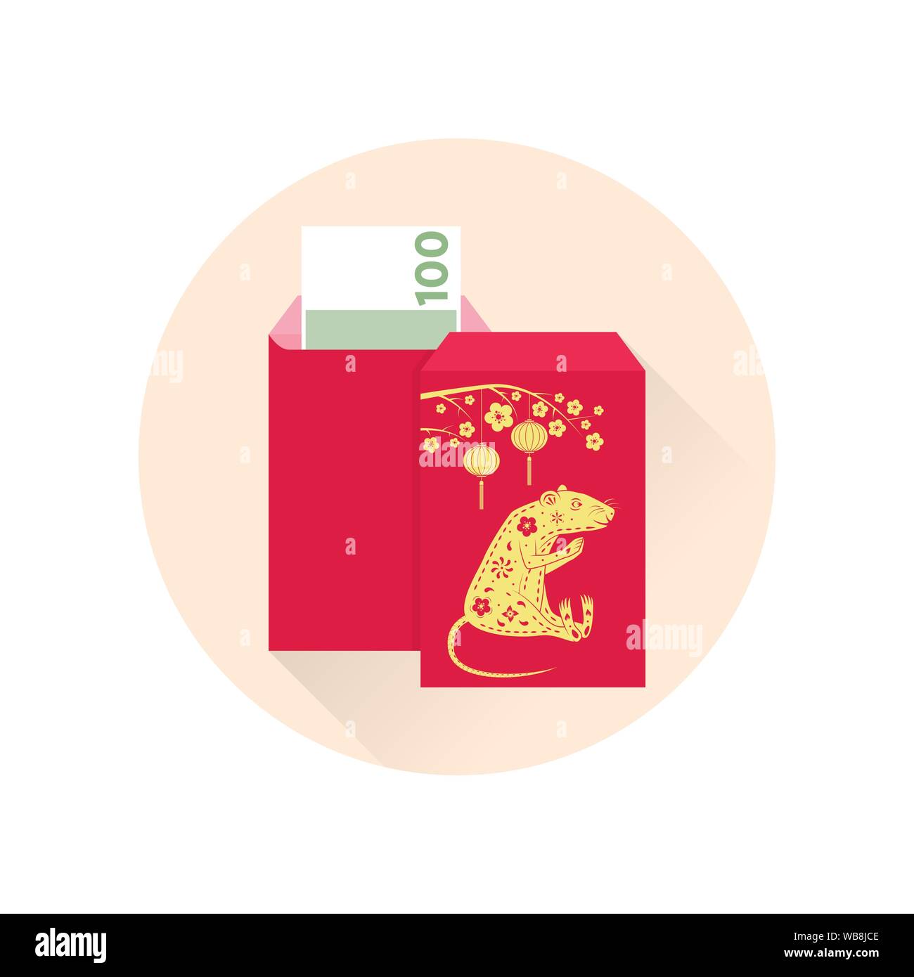 Das chinesische Neujahr roten Umschlag Flachbild-Symbol. Vector Illustration. Rote Paket mit gold Ratte und Laternen. Chinesisches Neujahr 2019 Jahr der Ratte. Stock Vektor