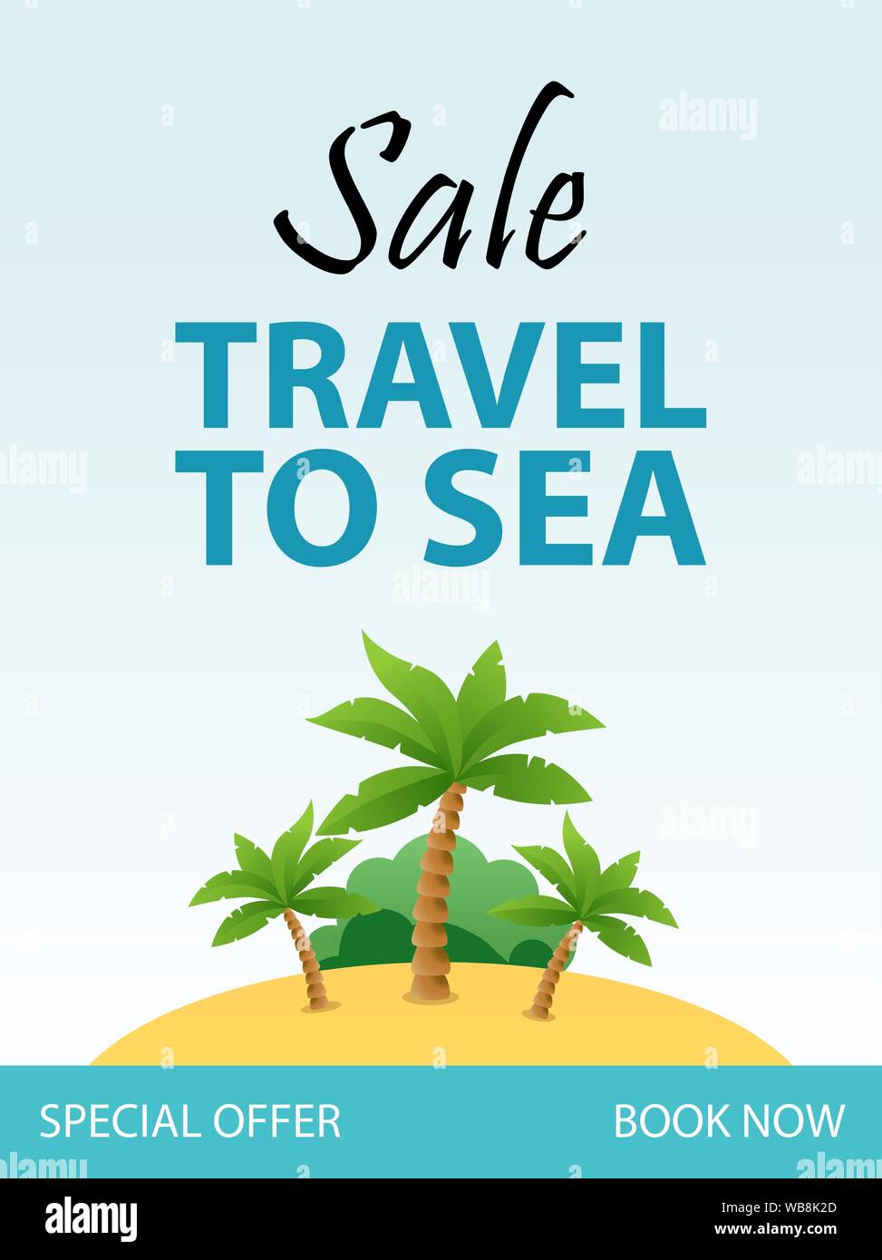 Reisen auf dem Meer, tropische Ferien Flyer Vorlage Design mit Cartoon Illustration. Insel mit Strand und Palmen. Banner Design mit Handlungsaufforderung, Spec Stock Vektor