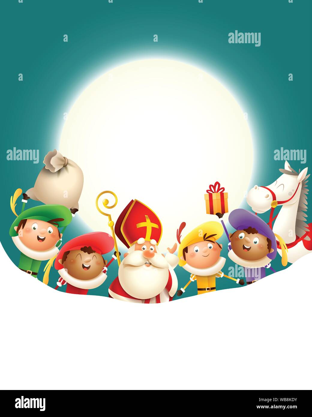 Sinterklaas Sinterklaas und seine Freunde Zwarte Piets feiern Urlaub vor Mond - türkis Hintergrund mit Kopie Raum Stock Vektor