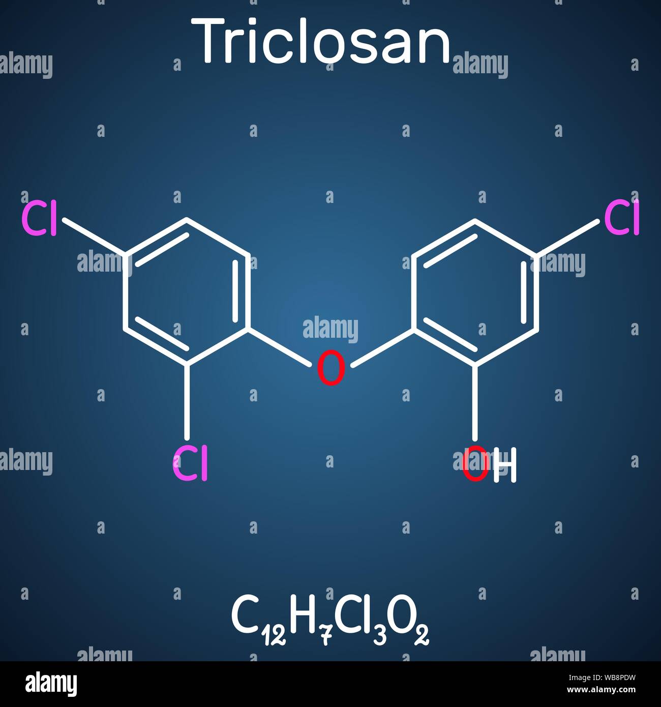 Triclosan Molekül. Es ist ein polychloro Phenoxy-herbiziden phenol mit antibakteriellen, antimikrobiell, antimykotische Aktivität. Strukturelle chemische Formel auf der dunklen Stock Vektor