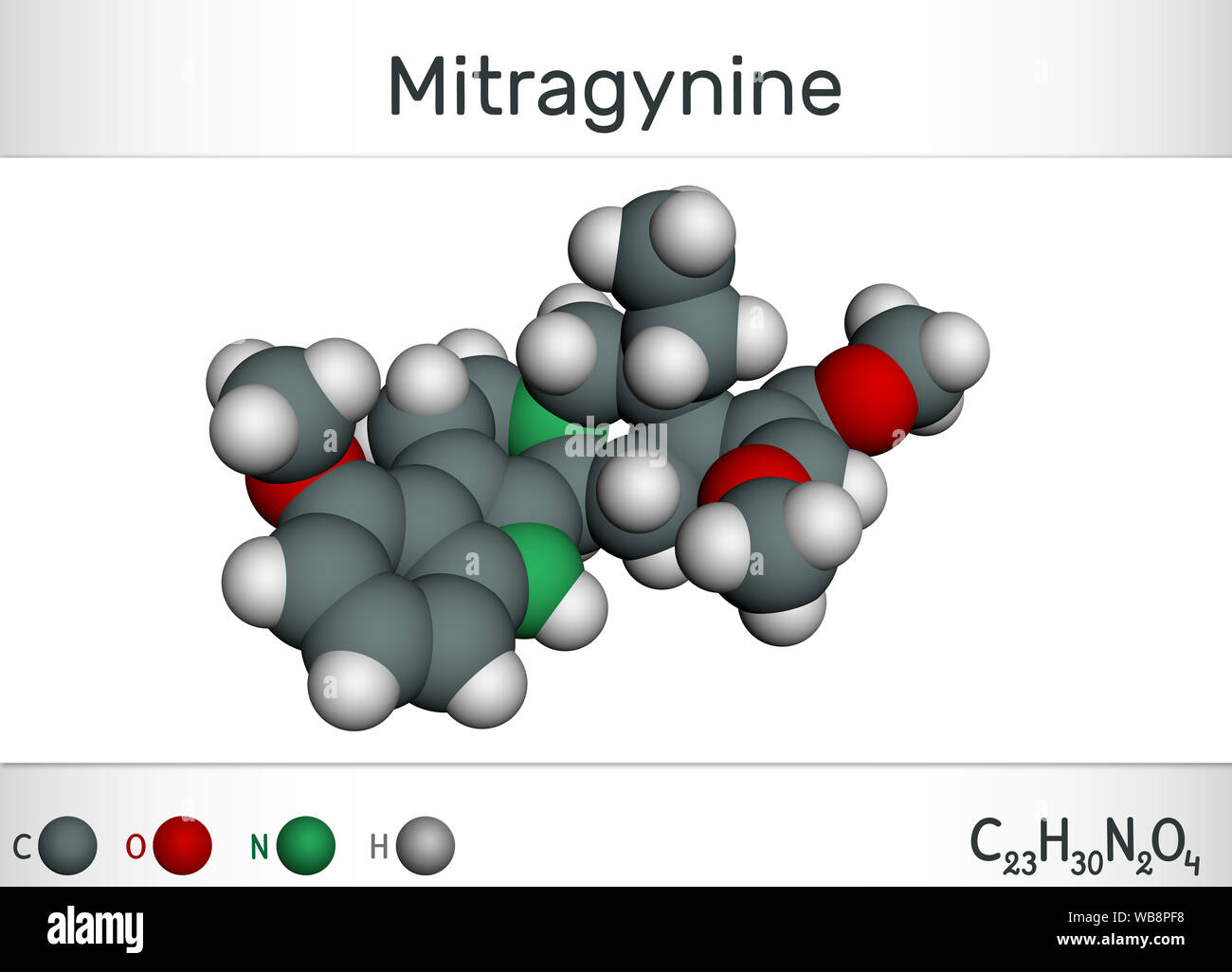 Mitragynin Molekül. Es ist die pflanzliche Alkaloide mit opiaten wie Eigenschaften produziert durch die Pflanze Mitragyna speciosa Korth, Kratom. Molekülmodell. Illust Stockfoto