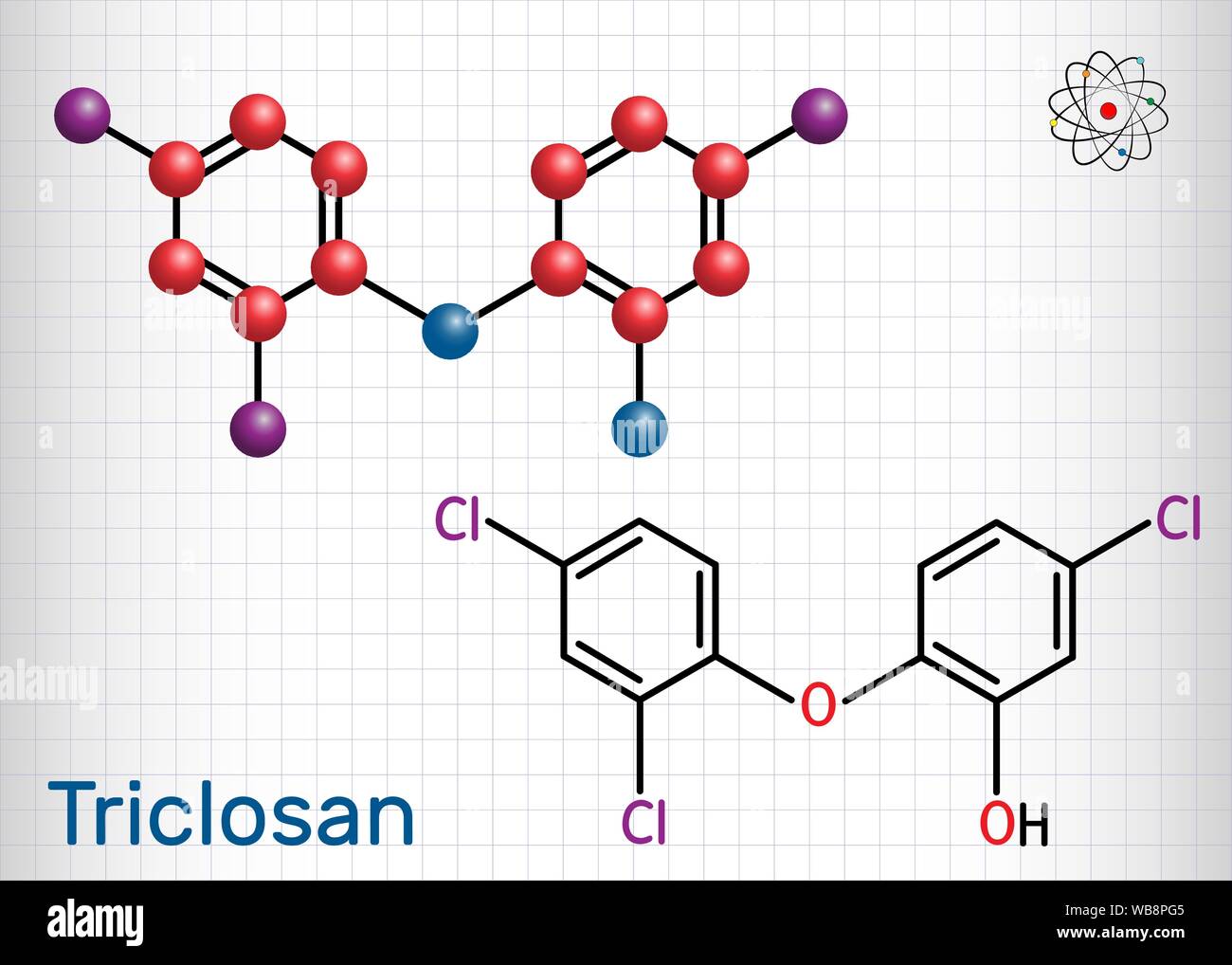 Triclosan Molekül. Es ist ein polychloro Phenoxy-herbiziden phenol mit antibakteriellen, antimikrobiell, antimykotische Aktivität. Blatt Papier in einem Käfig. Strukturelle ch Stock Vektor