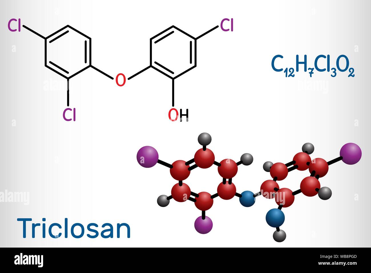 Triclosan Molekül. Es ist ein polychloro Phenoxy-herbiziden phenol mit antibakteriellen, antimikrobiell, antimykotische Aktivität. Strukturelle chemische Formel und molecul Stock Vektor