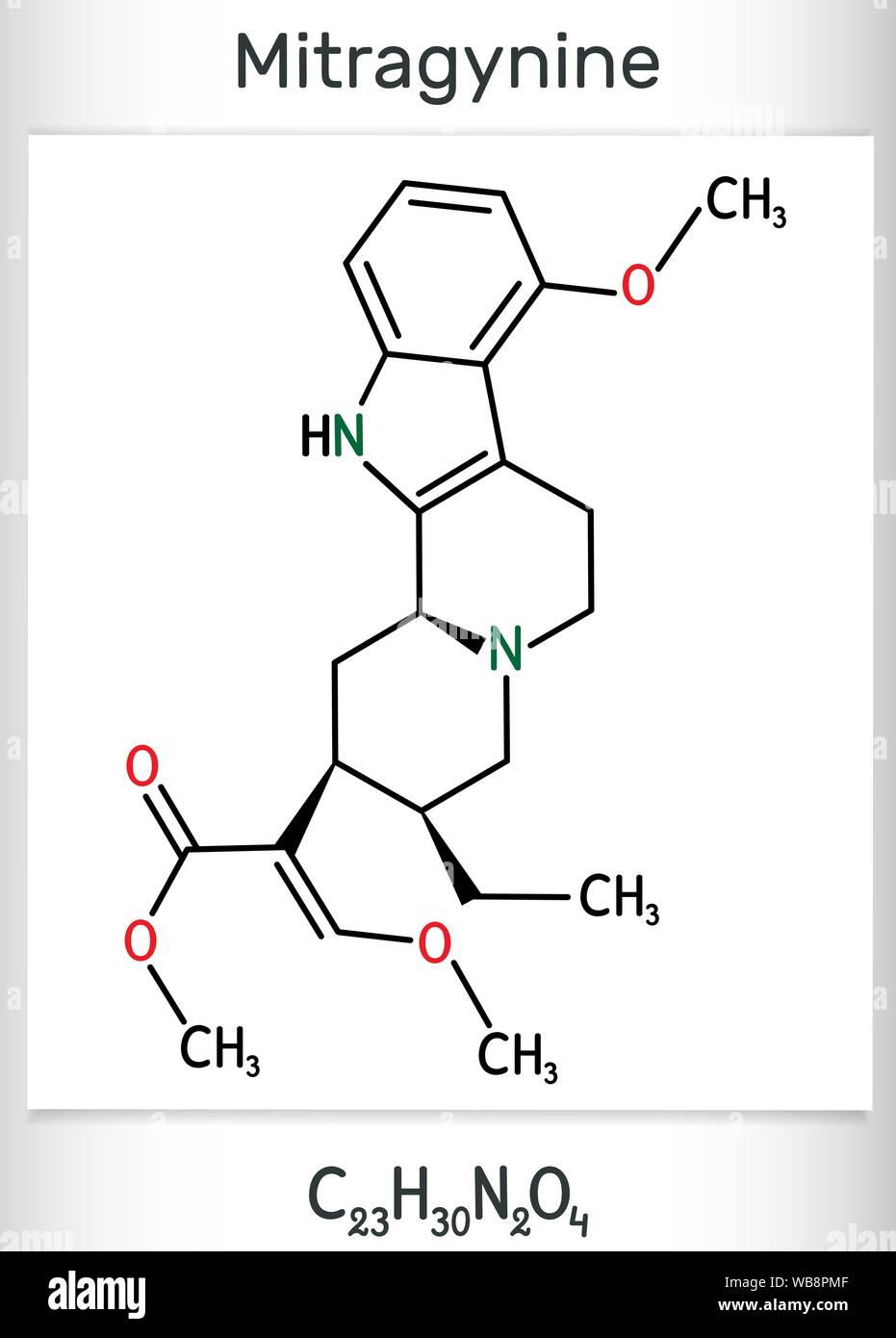 Mitragynin Molekül. Es ist die pflanzliche Alkaloide mit opiaten wie Eigenschaften produziert durch die Pflanze Mitragyna speciosa Korth, Kratom. Strukturelle chemische fo Stock Vektor