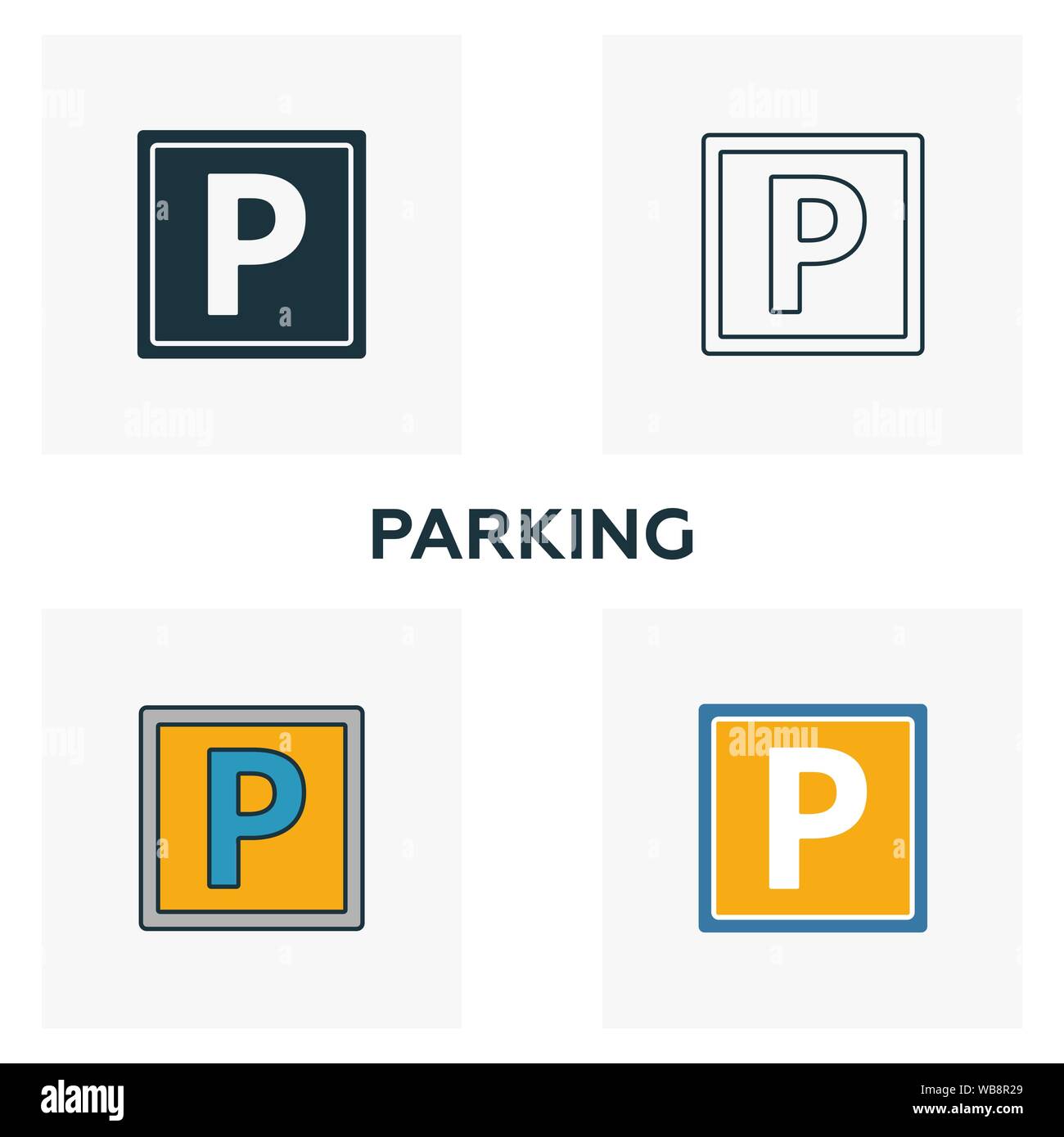 Parken Icon Set. Vier Elemente in verschiedenen Stilen vom Flughafen icons Collection. Kreative parkplatz Icons, Outline, Farben und Symbole Stock Vektor