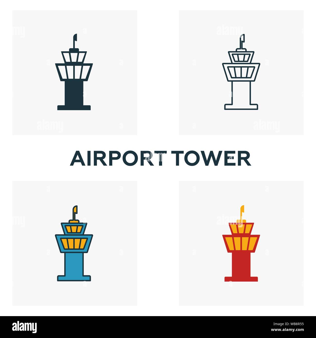 Airport Tower Icon Set. Vier Elemente in verschiedenen Stilen vom Flughafen icons Collection. Kreative Airport Tower Icons, Outline, farbige und flach Stock Vektor