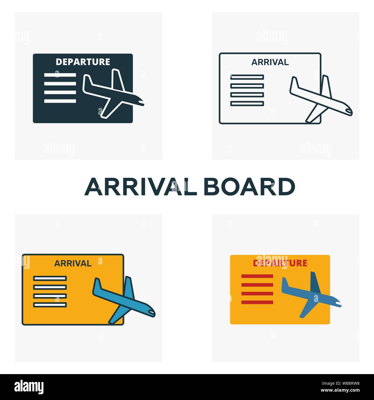 Anreise Board Icon Set. Vier Elemente in verschiedenen Stilen vom Flughafen icons Collection. Kreative Anreise board Icons, Outline, farbige und flach Stock Vektor